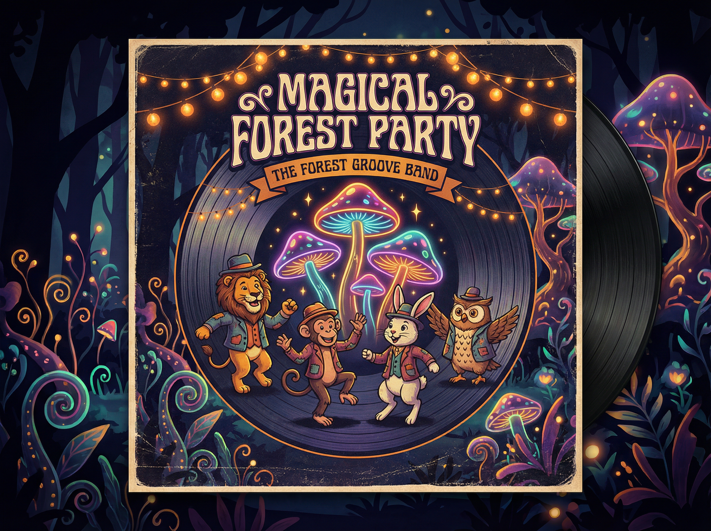 老虎机 - 森林舞会游戏的唱片封面风格海报